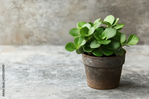 Small green plant in rustic pot
