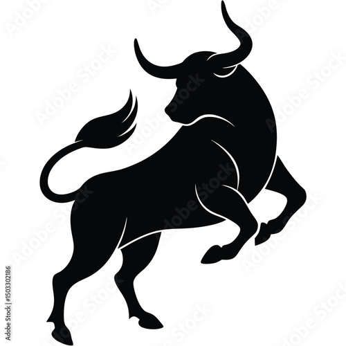 Powerful black silhouette of a bull standing on hind legs isolated on white background