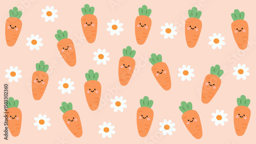 Cute carrots with green tops and simple white daisy flowers with orange centers pattern, scattered on a soft pastel peach background. Playful design perfect for packaging, wallpapers, or fabric prints