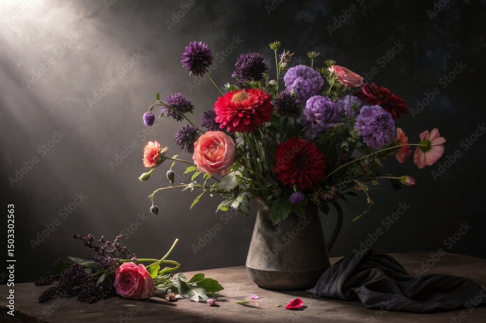 Fototapeta premium Captivating still life arrangement of moody flowers against a dark background exploring soft textures and colors in a studio environment for artistic expression