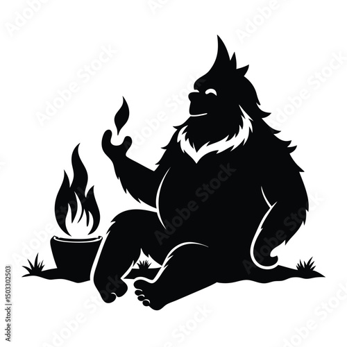Silhouette illustration of a smiling bigfoot with a campfire and a burning flame vector graphic