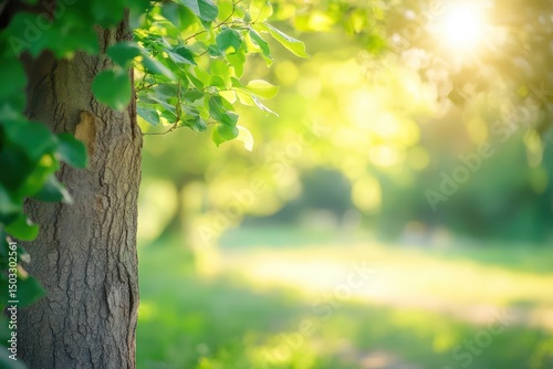Sunlight breaking through leaves in a green park