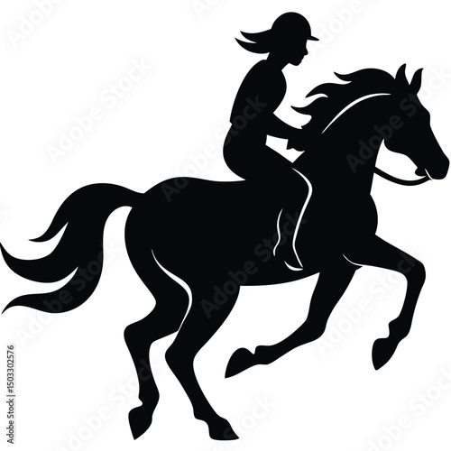 Silhouette illustration of a horse and equestrian riding steadily in motion on a white background
