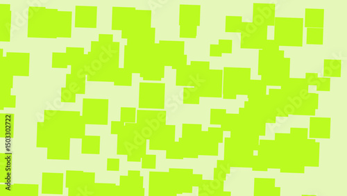 A vibrant abstract composition featuring a dynamic arrangement of lime green squares against a pale yellow-green backdrop.