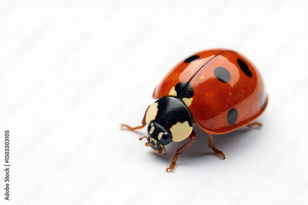 Fototapeta premium Close-up of a single ladybug on white background, clean, seven-spotted ladybug