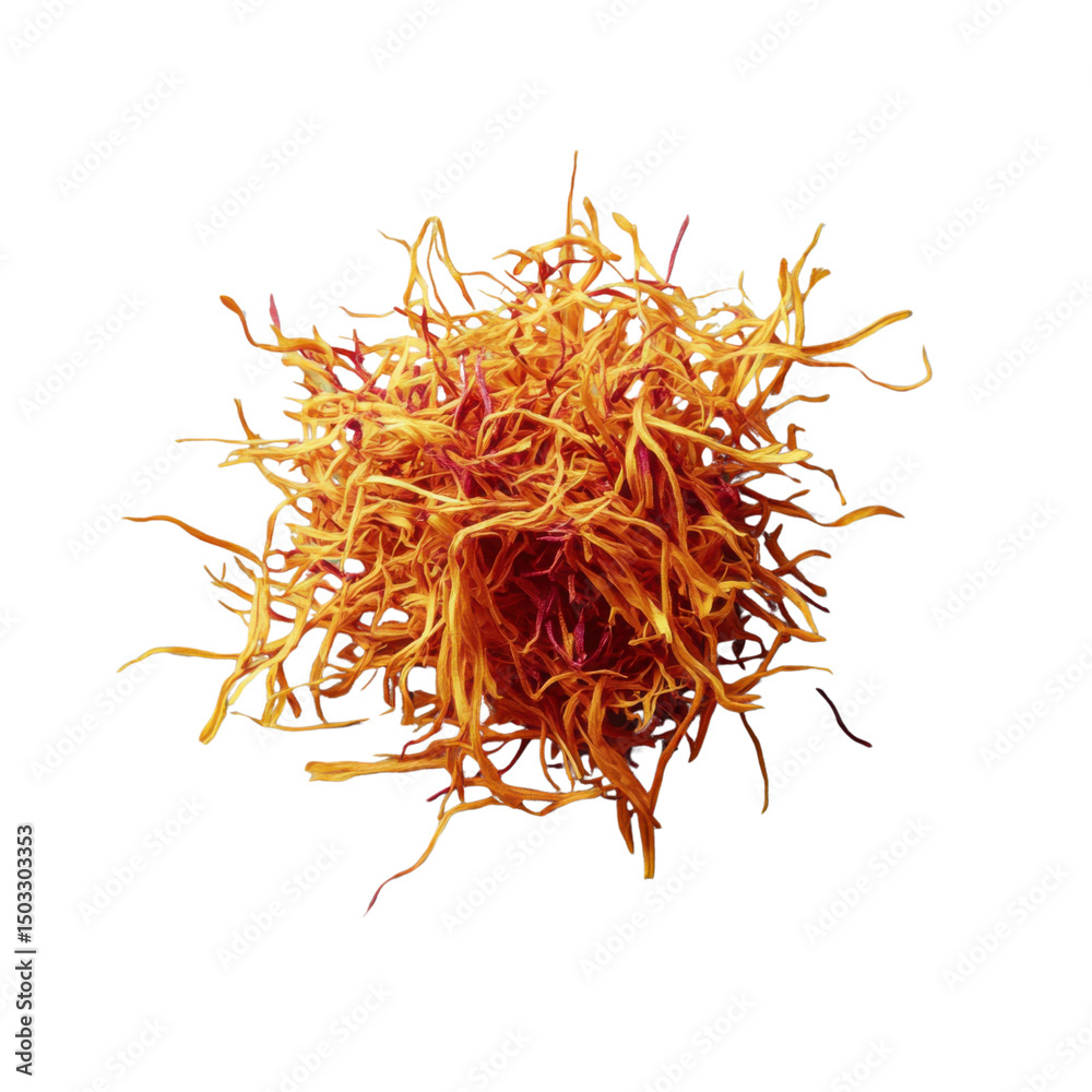Fototapeta premium Dried saffron threads forming a tangled pile on transparent background
