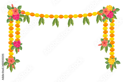 Traditional Indian floral garland with marigold flowers, roses, mango leaves. Decoration for Indian hindu holidays or wedding ceremony. Isolated on white. Vector illustration.