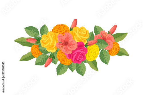 Traditional Indian floral garland with marigold flowers, roses, mango leaves. Decoration for Indian hindu holidays or wedding ceremony. Isolated on white. Vector illustration.