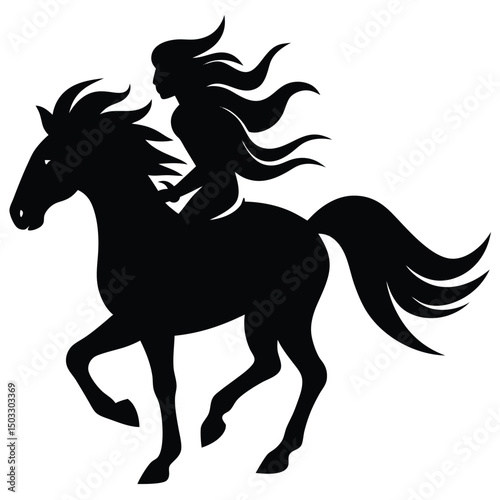 Silhouette of a woman riding a horse with flowing hair in black and white design