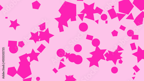 A vibrant pink backdrop scattered with an array of playful geometric shapes, creating a dynamic and visually stimulating design perfect for backgrounds or playful patterns.