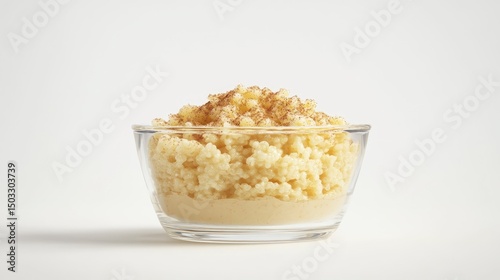 Sago pudding in a small glass dish, topped with cinnamon and sugar, standing out on a stark white background.