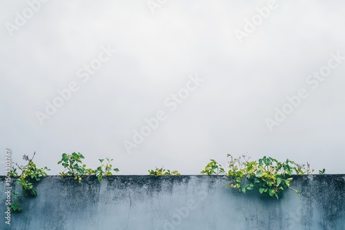 Plants on a weathered wall cloudy sky
