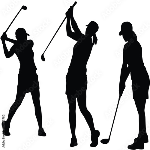 Silhouetted female golfers in action swinging golf clubs on a white background