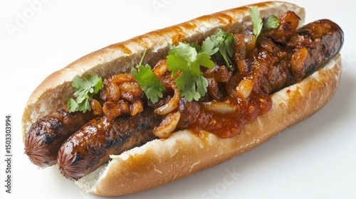 South African-style hot dog with boerewors, grilled onions, and tomato sauce in a roll, placed against a clean white background.