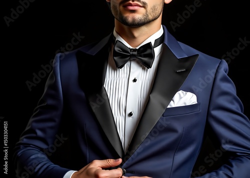 Cropped man in elegant navy blue tuxedo with bow tie and handkerchief on black