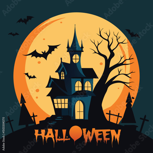 Spooky halloween night illustration featuring haunted house bats and full moon background
