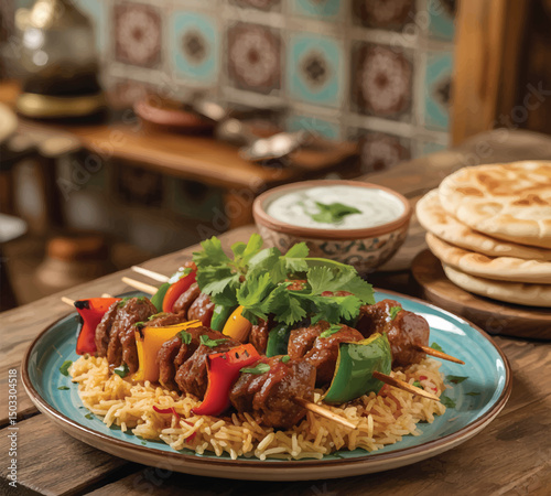 Grilled kebabs with rice and naan served with yogurt, perfect for Middle Eastern, barbecue, and food photography-themed designs.