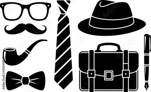 Silhouette black gentleman accessories vector set – bow Tie, hat, pipe, briefcase & More