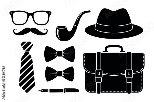 Silhouette black gentleman accessories vector set – bow Tie, hat, pipe, briefcase & More