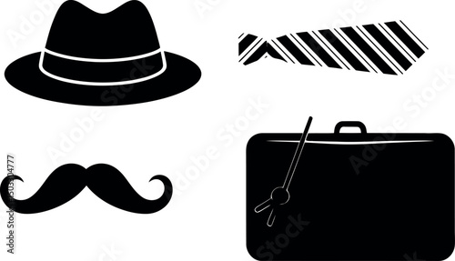 Silhouette black gentleman accessories vector set – bow Tie, hat, pipe, briefcase & More