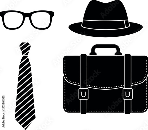 Silhouette black gentleman accessories vector set – bow Tie, hat, pipe, briefcase & More