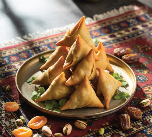 Plate of freshly made samosas served with dried fruits and nuts, ideal for food, Middle Eastern cuisine, and cultural-themed designs.
