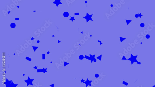 A vibrant blue background adorned with a playful scattering of various geometric shapes, including stars, circles, triangles, and rectangles, creating a festive and dynamic visual composition.