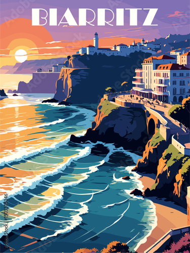Biarritz, France travel destination poster in retro style. Colorful vector art illustration