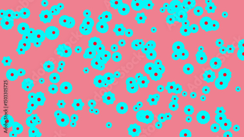 A vibrant and visually appealing abstract artwork featuring a multitude of scattered cyan floral motifs on a pink background.