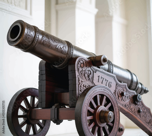 Close-up of a historical cannon with the year 1776, ideal for history, vintage, and military-themed designs.