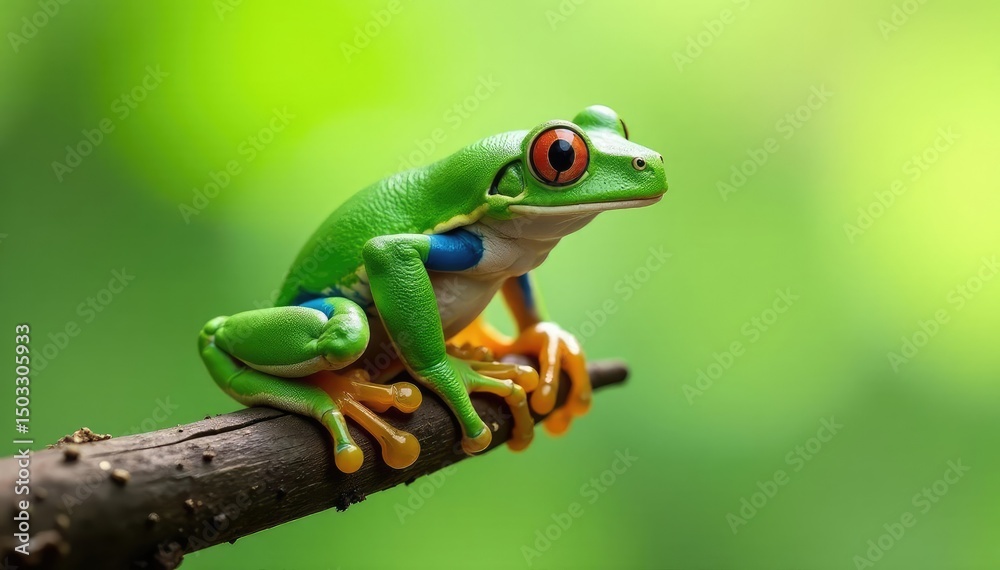 Naklejka premium Green tree frog perched on white, vibrant color , isolated frog, wet
