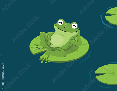 Relaxed green frog resting on lily pad in pond vector illustration 