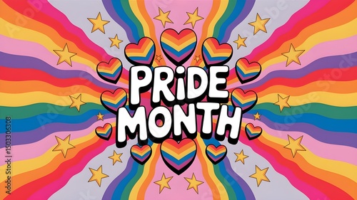 Pride Month text englazed over a rainbow background decorated with hearts and stars, Pride Month celebrations, LGBTQ art
