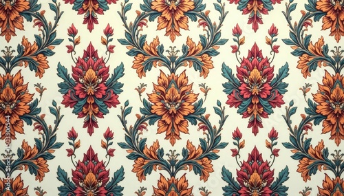 Intricate floral damask pattern in muted tones, home decor, interior