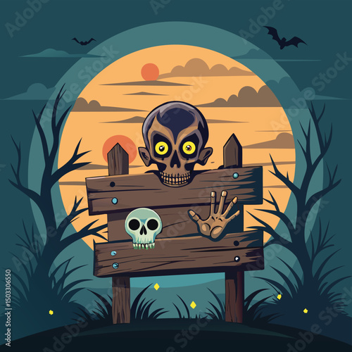 Spooky halloween scene with grinning skulls wooden fence bats and ominous evening sky.