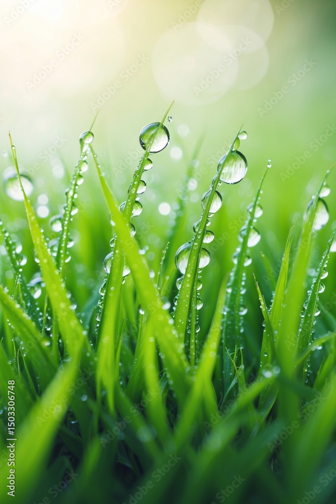 Fototapeta premium Fresh green grass with morning dew drops on blades. Vibrant nature background with water beads for spring or summer design.