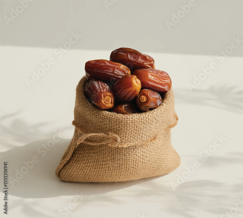 Burlap sack filled with dates, ideal for food, healthy snacks, and Middle Eastern-themed designs.