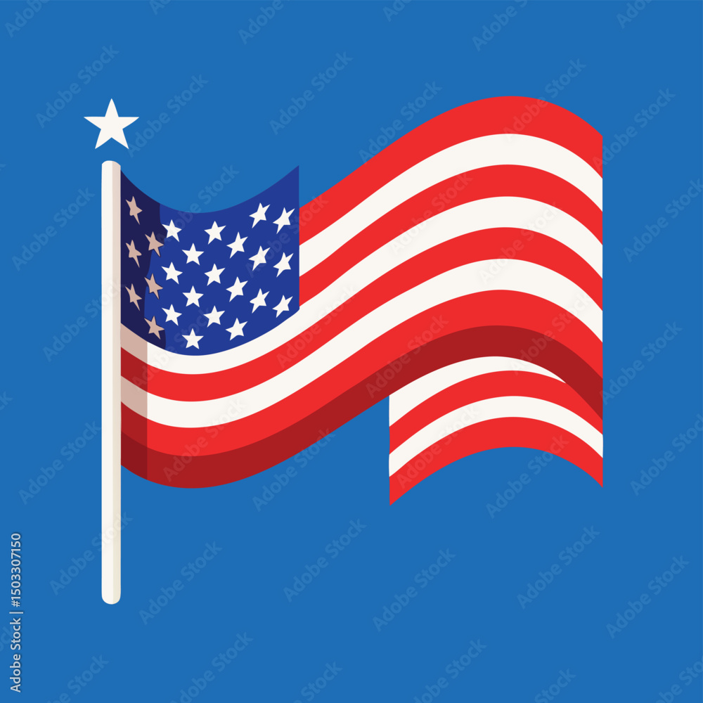 Obraz premium Stylized illustration of the american flag waving with a star on a bright blue background