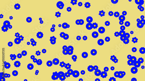 An Abstract Composition of Scattered Blue Circles and Star-like Shapes on a Pale Yellow Background.