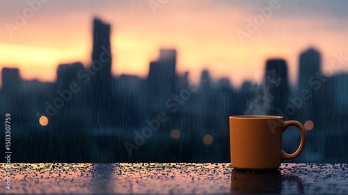 Rainy City Sunset Viewed Through a Foggy Window with a Steaming Mug