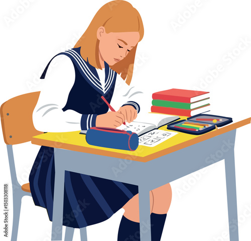 Schoolgirl writing at desk with books and pencil case vector illustration 