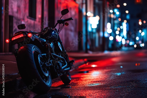 Motorcycle parked on a slick street at night