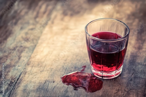 Glass of red liquid spills on wooden table