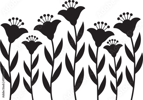 Black silhouette of flowers with tall stems, ideal for botanical, floral, and nature-themed designs.