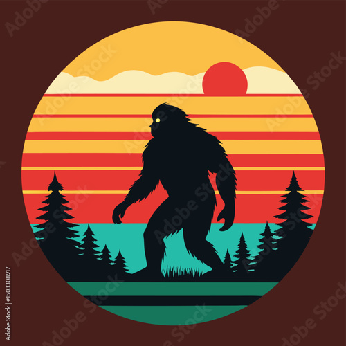 Vintage sunset scene featuring bigfoot silhouetted against a retro landscape illustration