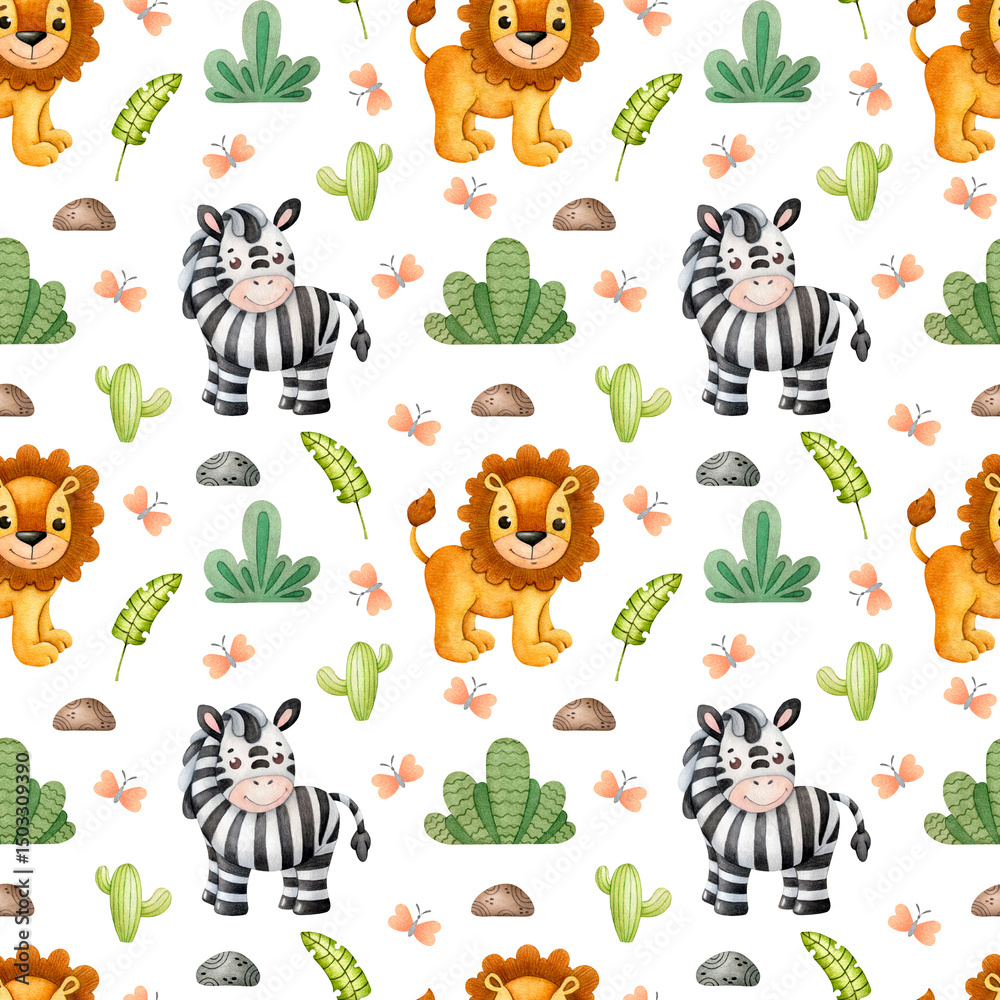 Obraz premium Lion, zebra, bushes, cacti, palm leaves, butterflies and pebbles. Seamless pattern with African animals for children's design. Hand drawn watercolor illustrations on a white background.