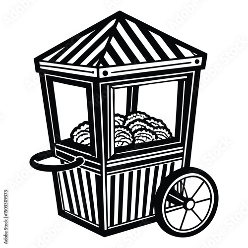 Retro-style popcorn machine with striped awning, full of fluffy popped kernels,