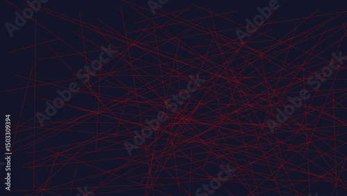 A mesmerizing abstract artwork featuring a complex network of crimson lines against a dark navy blue background, evoking a sense of intricate structure and interwoven pathways.