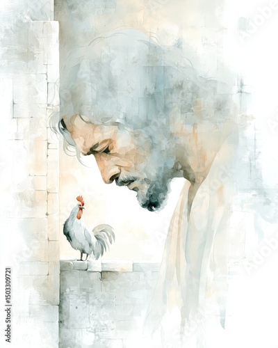 Watercolor painting of Peter in tears as a rooster crows.