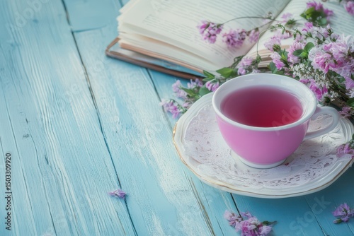 Tea and flowers on a blue table